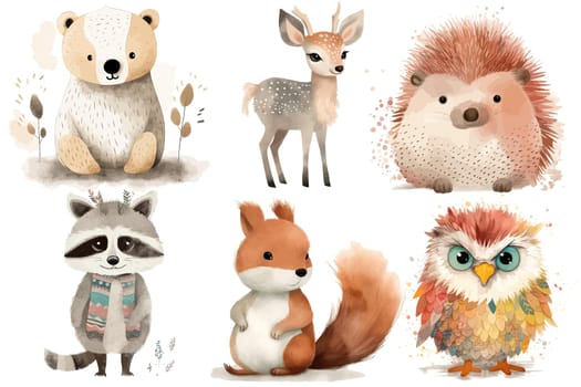 Safari Animal set bear, hedgehog, raccoon, squirrel, deer, owl in 3d style. Isolated vector illustration