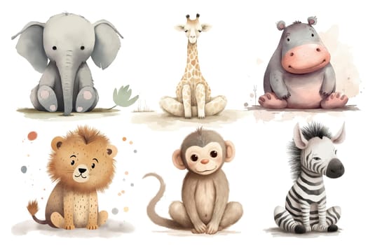 Safari Animal set elephant, lion, zebra, hippopotamus, giraffe, monkey sit on the ground in 3d style. Isolated vector illustration