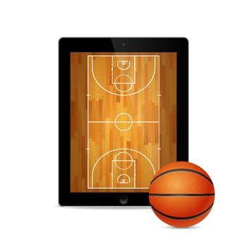 Tablet with basketball ball and court on the screen.