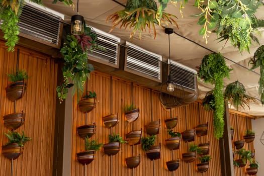 Cafe interior with elements of biophilic design. The concept of biophilia