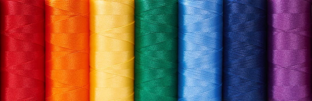 Multicolored sewing threads arrange like rainbow