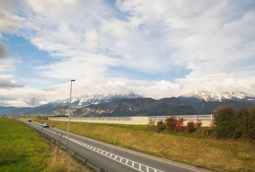 Scenic highway overlooking the Alps in Slovenia
