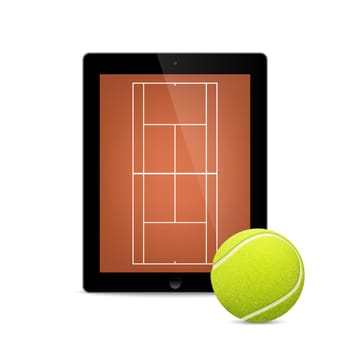 Black tablet with tennis ball and field on the screen.