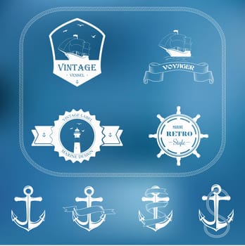 Set of nautical and maritime adventure vector labels.