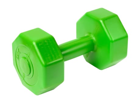 Green plastic dumbbell on a white isolated background, sports equipment