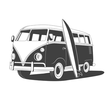Retro travel bus with surfboard in side view. Vector EPS8 illustration.
