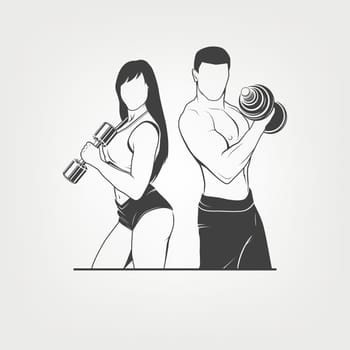 Beautiful fitness young sporty couple with dumbbells. Monochrome vector EPS8 illustration.