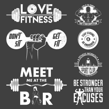 Fitness vector set. Vintage elements and labels. Grunge effect can be edited or removed. It can be used for printing on T-shirts. Vector EPS10 illustration.