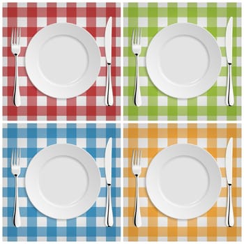 Empty plate with fork and knife at classic checkered tablecloth