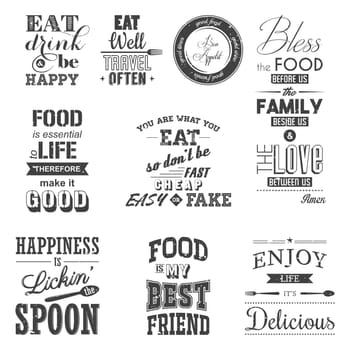Set of vintage food typographic quotes. Grunge effect can be edited or removed..