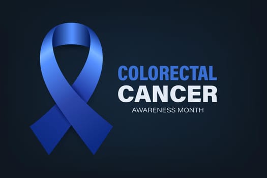 Colorectal Cancer Banner, Card, Placard with Vector 3d Realistic Dark Blue Ribbon on Dark Blue Background. Colon Cancer Awareness Month Symbol Closeup. World Colorectal, Colon Cancer Day Concept