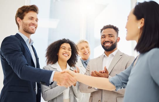 Partnership hand shake, happy or business people applause for acquisition agreement, partner deal or merger success. Thank you handshake, congratulations or diversity group clapping for job promotion