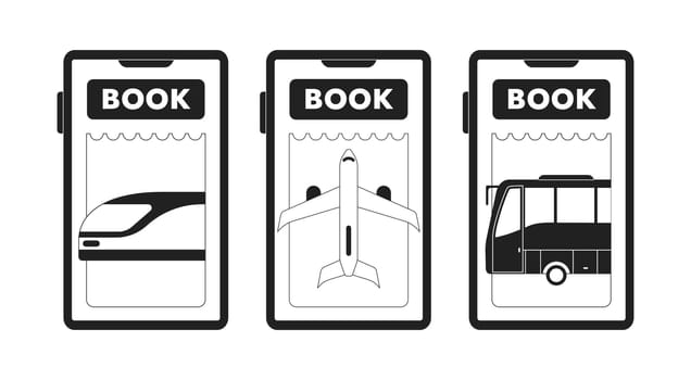 Booking bus, train, plane tickets app monochrome concept vector spot illustration set