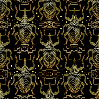 Seamless pattern with golden beetles and square ornaments in Greek style.