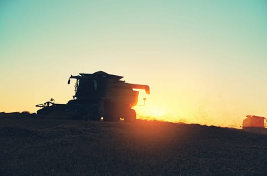 Its a farmers life. a combine harvester working in a field at sunset.