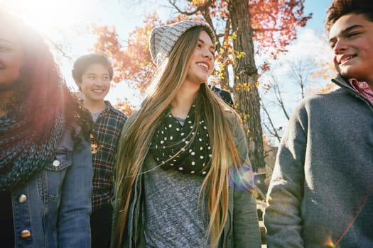 Lets stay friends forever. a group of teenage friends enjoying an autumn day outside together
