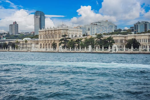 landscape scenery of Dolmabahce palacewith reflection, istanbul, turkey waterfront view from bosporus