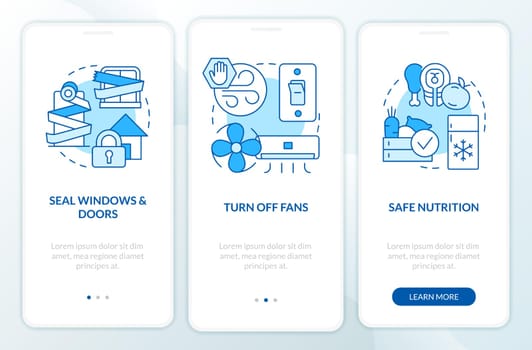 Actions at home during disaster blue onboarding mobile app screen