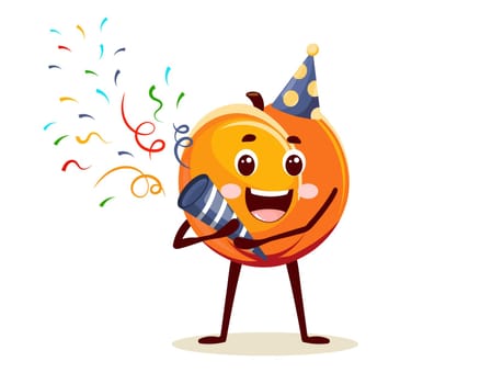 Cheerful peach character in a party hat with a party cracker with confetti. Greeting cartoon card, vector