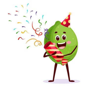 Cheerful character lemon in a party hat with a party cracker with confetti. Greeting cartoon card, vector
