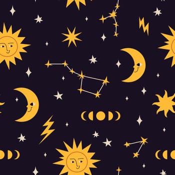 Seamless pattern with Sun and moon, constellations, phases of the moon, cartoon style. Space and astrological theme, zodiac. Trendy modern vector illustration, hand drawn, flat