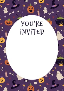 Happy Halloween party! Invitation Card Template - You are invited - with magic occult thing, cartoon style. Trendy modern vector illustration, hand drawn, flat