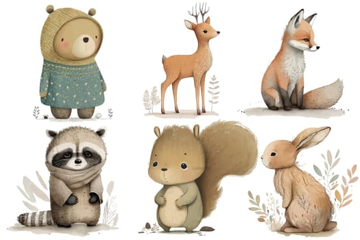 Safari Animal set bear, squirrel, raccoon, fox, hare and deer in 3d style. Isolated vector illustration