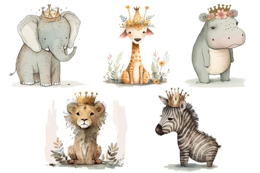 Safari Animal set elephant, giraffe, hippopotamus, zebra and lion with a crown on his head in 3d style. Isolated vector illustration