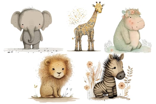 Safari Animal set elephant, giraffe, lion, hippo and zebra in 3d style. Isolated vector illustration