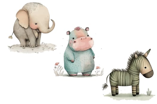 Safari Animal set elephant, hippo and zebra in 3d style. Isolated vector illustration