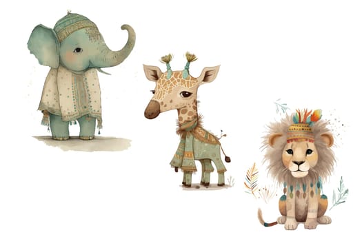 Safari Animal set lion, elephant, giraffe dressed as an Indian in 3d style. Isolated vector illustration