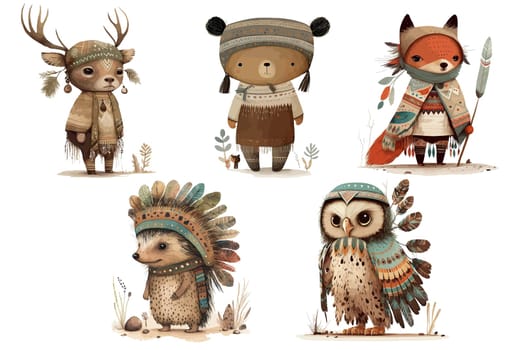 Safari Animal set bear, owl, hedgehog, deer, fox dressed as an Indian in 3d style. Isolated vector illustration
