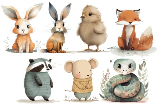 Safari Animal set fox, mouse, hare, chicken, raccoon and snake in 3d style. Isolated vector illustration