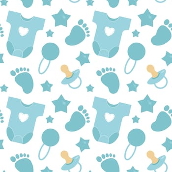 Baby care blue accessories seamless pattern. Bottle, dress, stars, rattle and nipple.