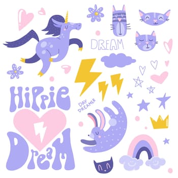 Flat cartoon vector illustrations set with cute unicorn, cats and rabbit, hand drawn style. Hippie dream.