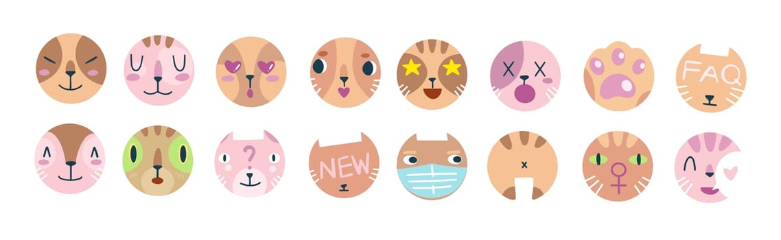 Big set of various vector highlight covers: favorites, new, FAQ, help, reviews. Cute funny cat face.