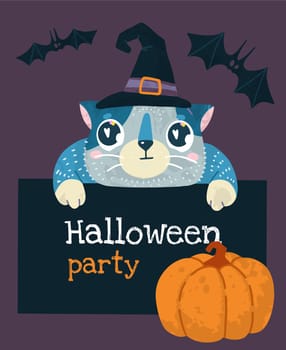 Helloween vector stock illustration with cute cat in a witch hat, bats and pumpkin