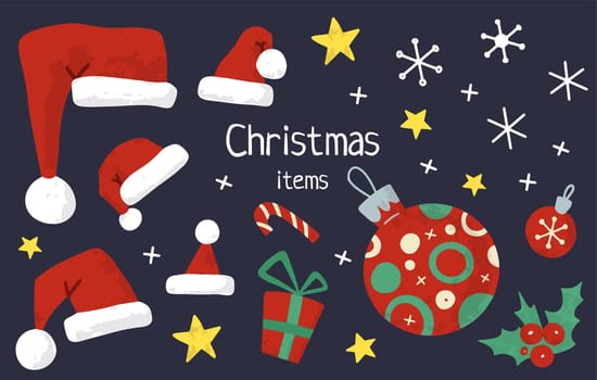 Christmas and New Year holiday vector stock illustration with Christmas stuff.