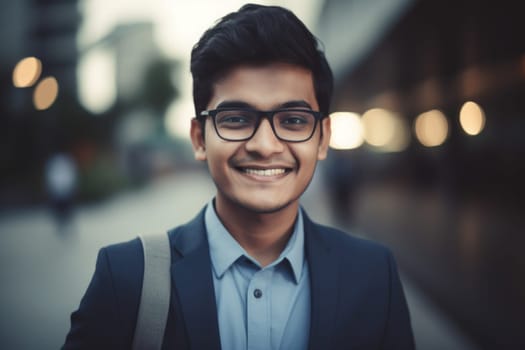 Young smart indian businessman, smiling face, standing in blur background of modern office building. Generative AI AIG20.