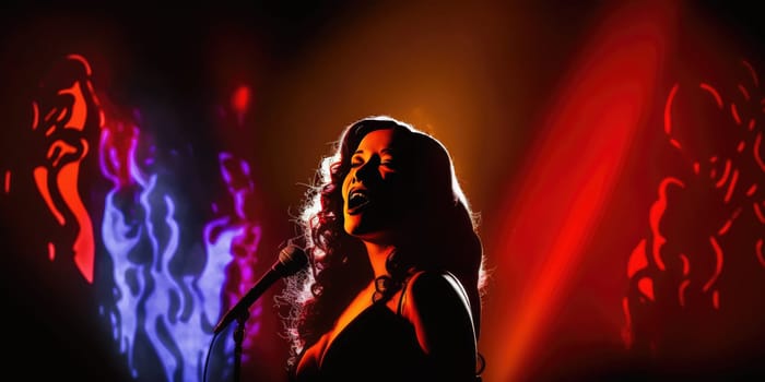 Woman singer singing jazz song in the nightclub in glamorous lighting