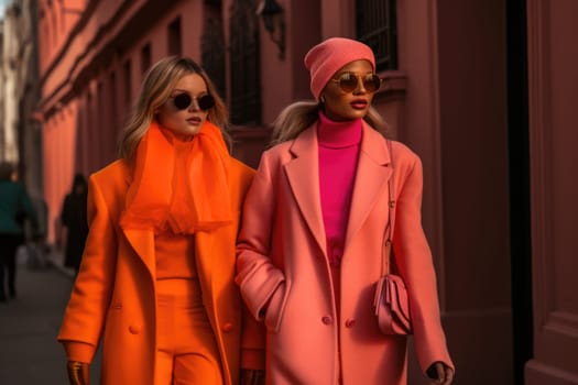 Two women walking in the city street with colorful outfit. generative AI AIG21.