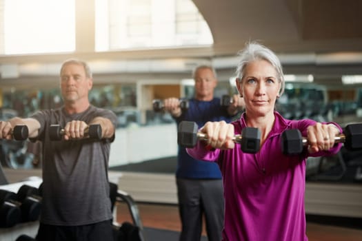 Getting fit with friends is the best fun to have. a senior group of woman and men working out with weights together at the gym