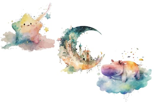 Safari Animal set hippo sleeps on a cloud, crescent, star in watercolor style. Isolated vector illustration