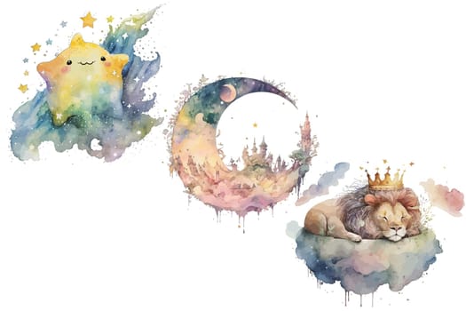 Safari Animal set a lion in a crown sleeps on a cloud, a crescent, a star in watercolor style. Isolated vector illustration