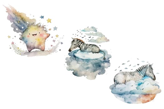 Safari Animal set zebra sleeps on a cloud, crescent, star in watercolor style. Isolated vector illustration