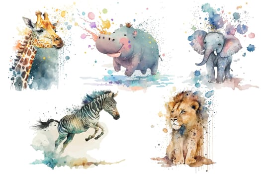 Safari Animal set zebra, elephant, giraffe, lion, hippo in watercolor style. Isolated vector illustration