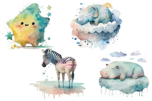 Safari Animal set zebra, elephant, hippo sleep on a cloud, a star in watercolor style. Isolated vector illustration