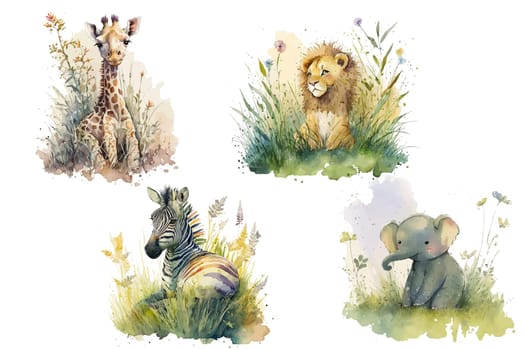 Safari Animal set zebra, lion, elephant, giraffe sitting in the grass in watercolor style. Isolated vector illustration