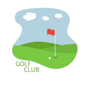 Golf club design. Golf course with flag and ball.