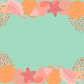 Seashells, corals and starfish on blue background.